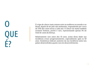2
O
QUE
É?
É o tipo de câncer mais comum entre as mulheres no mundo e no
Brasil, depois do de pele não melanoma, respondendo por cerca
de 25% dos casos novos a cada ano. O câncer de mama também
acomete homens, porém é raro, representando apenas 1% do
total de casos da doença.
Relativamente raro antes dos 35 anos, acima desta idade sua
incidência cresce progressivamente, especialmente após os 50
anos. Estatísticas indicam aumento da sua incidência tanto nos
países desenvolvidos quanto nos em desenvolvimento.
 