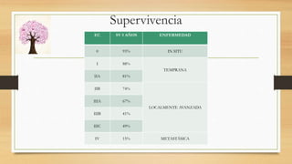 Supervivencia
EC SV 5 AÑOS ENFERMEDAD
0 93% IN SITU
I 88%
TEMPRANA
IIA 81%
IIB 74%
LOCALMENTE AVANZADA
IIIA 67%
IIIB 41%
IIIC 49%
IV 15% METASTÁSICA
 