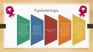 Epidemiologia
A nivel mundial,
el cáncer de
mama es el
tumor más
frecuente y la
causa de muerte
más común en
mujeres.
Cada año se
diagnostican
cerca de 1.67
millones de
mujeres con
cáncer de mama
522,000 pacientes
fallecen.
En países pobres
y en vías de
desarrollo la
supervivencia a 5
años es de 30% a
45%, en países
plenamente
desarrollados,
80%.
En México, el
cáncer de mama
ha presentado un
incremento en las
tasas de
incidencia como
en la mortalidad;
esta última
secundaria al
diagnóstico.
 