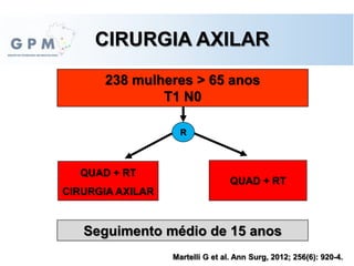 CIRURGIA AXILAR
Martelli G et al. Ann Surg, 2012; 256(6): 920-4.
QUAD + RT
QUAD + RT
CIRURGIA AXILAR
R
238 mulheres > 65 anos
T1 N0
Seguimento médio de 15 anos
 
