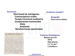 Factores Histológicos
Biopsias previas
MFQ
Hiperplasias
Ca “in situ”
Lobulillares
¿Factores raciales?
Geografía
Países desarrollados
Hormonas
. Nivel basal de estrógenos
. Contraceptivos orales
. Terapia hormonal sustitutiva
. Componentes hormonales
. Dieta
. Ambiente
. Xenohormonas (pesticidas)
www.aecima.com
Asociación Española de Cirujanos de la Mama
 