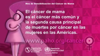 Mes de Sensibilización del Cáncer de Mama 
El cáncer de mama es el cáncer más común y la segunda causa principal de muertes por cáncer en las mujeres en las Américas.  