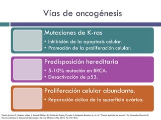 Vías de oncogénesis
Mutaciones de K-ras
• Inhibición de la apoptosis celular.
• Promoción de la proliferación celular.
Predisposición hereditaria
• 5-10% mutación en BRCA.
• Desactivación de p53.
Proliferación celular abundante.
• Reparación cíclica de la superficie ovárica.
Cantú de León F, Jiménez-López J, Montiel-Gómez D, Gallardo-Rincón, Poveda A, Delgado-Bandera A, et. Al. “Cancer epitelial de ovario”. En: Granados-García M,
Herrera-Gómez A. Manual de Oncología. México: McGraw-Hill; 2010. Pp. 781-816.
 