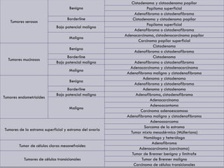Tumores serosos
Benigno
Cistadenoma y cistoadenoma papilar
Papiloma superficial
Adenofibroma o cistadenofibroma
Borderline Cistadenoma y cistadenoma papilar
Bajo potencial maligno
Papiloma superficial
Adenofibroma o cistadenofibroma
Maligno
Adenocarcinoma, cistadenocarcinoma papilar
Carcinoma papilar superficial
Tumores mucinosos
Benigno
Cistadenoma
Adenofibroma o cistadenofibroma
Borderline Cistadenoma
Bajo potencial maligno Adenofibroma o cistadenofibroma
Maligno
Adenocarcinoma y cistadenocarcinoma
Adenofibroma maligno y cistadenofibroma
Tumores endometrioides
Benigno
Adenoma y cistadenoma
Adenofibroma y cistadenofibroma
Borderline Adenoma y cistadenoma
Bajo potencial maligno Adenofibroma, cistadenofibroma
Maligno
Adenocarcinoma
Adenoacantoma
Carcinoma adenoescamoso
Adenofibroma maligno y cistadenofibroma
Tumores de la estroma superficial y estroma del ovario
Adenoasarcoma
Sarcoma de la estroma
Tumor mixto mesodérmico (Mülleriano)
Homólogo y heterólogo
Tumor de células claras mesonefroides
Adenofibroma
Adenocarcinoma (carcinoma)
Tumores de células transicionales
Tumor de Brenner benigno y limítrofe
Tumor de Brenner maligno
Carcinoma de células transicionales
 
