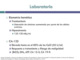 Laboratorio
 Biometría hemática
 Trombocitosis
 Liberación de citocinas aumentada por parte de las células
ováricas.
 Hiponatremia
 125-130 mEq/mL
 CA-125
 Elevado hasta en el 85% de los CaO (35 U/ml)
 Respuesta a tratamiento y Riesgo de malignidad
 βhCG, DHL, AFP. CA 15-3, CA 19-9.
Schorge JO, Schaffer JI, Halvorson LM, Hoffman BL, Bradshaw KD, Cunningham G. “Cáncer ovárico epitelial”. En: Schorge JO, Schaffer JI, Halvorson LM, Hoffman BL,
Bradshaw KD, Cunningham G. Williams de Ginecología. México: McGraw.-Hill; 2009. Pp. 716-737.
 