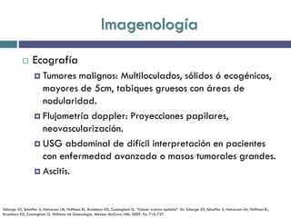 Imagenología
 Ecografía
 Tumores malignos: Multiloculados, sólidos ó ecogénicos,
mayores de 5cm, tabiques gruesos con áreas de
nodularidad.
 Flujometría doppler: Proyecciones papilares,
neovascularización.
 USG abdominal de difícil interpretación en pacientes
con enfermedad avanzada o masas tumorales grandes.
 Ascitis.
Schorge JO, Schaffer JI, Halvorson LM, Hoffman BL, Bradshaw KD, Cunningham G. “Cáncer ovárico epitelial”. En: Schorge JO, Schaffer JI, Halvorson LM, Hoffman BL,
Bradshaw KD, Cunningham G. Williams de Ginecología. México: McGraw.-Hill; 2009. Pp. 716-737.
 