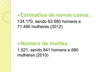 Estimativa de novos casos:
134.170, sendo 62.680 homens e
71.490 mulheres (2012)
Número de mortes:
1.521, sendo 841 homens e 680
mulheres (2010)
 