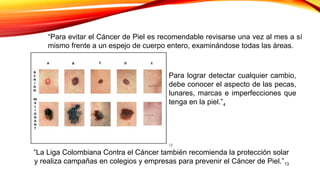 Para lograr detectar cualquier cambio,
debe conocer el aspecto de las pecas,
lunares, marcas e imperfecciones que
tenga en la piel.”4
“Para evitar el Cáncer de Piel es recomendable revisarse una vez al mes a sí
mismo frente a un espejo de cuerpo entero, examinándose todas las áreas.
“La Liga Colombiana Contra el Cáncer también recomienda la protección solar
y realiza campañas en colegios y empresas para prevenir el Cáncer de Piel.”13
12
 