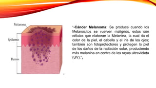 “-Cáncer Melanoma: Se produce cuando los
Melanocitos se vuelven malignos, estos son
células que elaboran la Melanina, la cual da el
color de la piel, el cabello y el iris de los ojos;
también son fotoprotectores y protegen la piel
de los daños de la radiación solar, produciendo
más melanina en contra de los rayos ultravioleta
(UV).”4
3
 