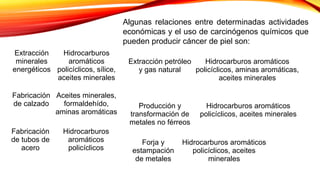 Algunas relaciones entre determinadas actividades
económicas y el uso de carcinógenos químicos que
pueden producir cáncer de piel son:
Extracción
minerales
energéticos
Hidrocarburos
aromáticos
policíclicos, sílice,
aceites minerales
Extracción petróleo
y gas natural
Hidrocarburos aromáticos
policíclicos, aminas aromáticas,
aceites minerales
Fabricación
de calzado
Aceites minerales,
formaldehído,
aminas aromáticas
Fabricación
de tubos de
acero
Hidrocarburos
aromáticos
policíclicos
Producción y
transformación de
metales no férreos
Hidrocarburos aromáticos
policíclicos, aceites minerales
Forja y
estampación
de metales
Hidrocarburos aromáticos
policíclicos, aceites
minerales
 
