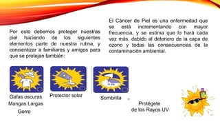El Cáncer de Piel es una enfermedad que
se está incrementando con mayor
frecuencia, y se estima que lo hará cada
vez más, debido al deterioro de la capa de
ozono y todas las consecuencias de la
contaminación ambiental.
Protégete
de los Rayos UV
Protector solar
Gorro
Mangas Largas
Gafas oscuras Sombrilla
Por esto debemos proteger nuestras
piel haciendo de los siguientes
elementos parte de nuestra rutina, y
concientizar a familiares y amigos para
que se protejan también:
10
11
 