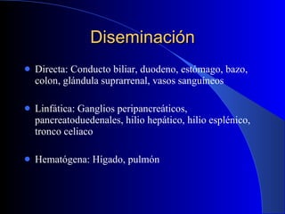 Diseminación Directa: Conducto biliar, duodeno, estómago, bazo, colon, glándula suprarrenal, vasos sanguíneos Linfática: Ganglios peripancreáticos, pancreatoduedenales, hilio hepático, hilio esplénico, tronco celiaco Hematógena: Hígado, pulmón 