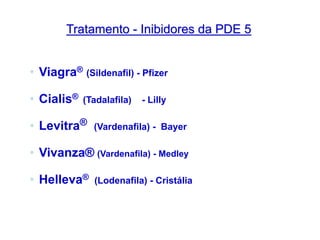 • Viagra® (Sildenafil) - Pfizer
• Cialis® (Tadalafila) - Lilly
• Levitra® (Vardenafila) - Bayer
• Vivanza® (Vardenafila) - Medley
• Helleva® (Lodenafila) - Cristália
Tratamento - Inibidores da PDE 5
 