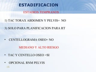 ESTADIFICACION TAC TORAX ABDOMEN Y PELVIS=  NO SOLO PARA PLANIFICACION PARA RT CENTELLOGRAMA OSEO= NO MEDIANO Y ALTO RIESGO TAC Y CENTELLO OSEO =SI  OPCIONAL RNM PELVIS  ESTADIOS TEMPRANOS 