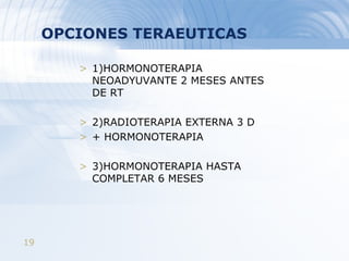OPCIONES TERAEUTICAS 1)HORMONOTERAPIA NEOADYUVANTE 2 MESES ANTES DE RT 2)RADIOTERAPIA EXTERNA 3 D + HORMONOTERAPIA 3)HORMONOTERAPIA HASTA COMPLETAR 6 MESES 