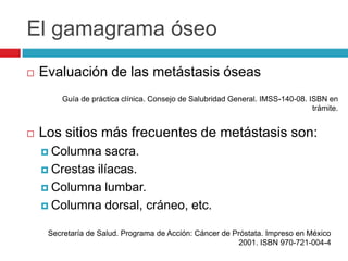 El gamagrama óseo
   Evaluación de las metástasis óseas
        Guía de práctica clínica. Consejo de Salubridad General. IMSS-140-08. ISBN en
                                                                               trámite.


   Los sitios más frecuentes de metástasis son:
     Columna   sacra.
     Crestas ilíacas.

     Columna lumbar.

     Columna dorsal, cráneo, etc.


     Secretaría de Salud. Programa de Acción: Cáncer de Próstata. Impreso en México
                                                         2001. ISBN 970-721-004-4
 