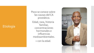 Etiología
Poco se conoce sobre
las causas del CA
prostático.
Edad, raza, historia
familiar,
concentraciones
hormonales e
influencias
medioambientales.
+ con la edad.
 