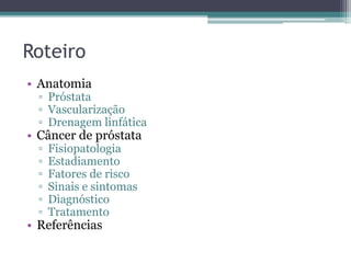 Roteiro 
• Anatomia 
▫ Próstata 
▫ Vascularização 
▫ Drenagem linfática 
• Câncer de próstata 
▫ Fisiopatologia 
▫ Estadiamento 
▫ Fatores de risco 
▫ Sinais e sintomas 
▫ Diagnóstico 
▫ Tratamento 
• Referências 
 