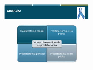 CIRUGÍA: 
Prostatectomia radical Prostatectomia retro 
púbica 
Incluye diversos tipos de 
Prostatectomia perineal Prostatectomia supra 
púbica 
de prostatectomia 
 