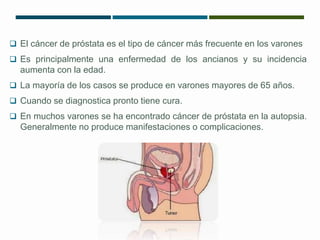  El cáncer de próstata es el tipo de cáncer más frecuente en los varones 
 Es principalmente una enfermedad de los ancianos y su incidencia 
aumenta con la edad. 
 La mayoría de los casos se produce en varones mayores de 65 años. 
 Cuando se diagnostica pronto tiene cura. 
 En muchos varones se ha encontrado cáncer de próstata en la autopsia. 
Generalmente no produce manifestaciones o complicaciones. 
 