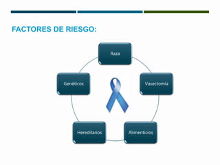 FACTORES DE RIESGO: 
Raza 
Vasectomía 
Genéticos 
Hereditarios Alimenticios 
 
