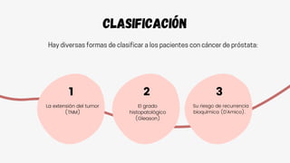 La extensión del tumor
(TNM)
1
El grado
histopatológico
(Gleason)
2
Su riesgo de recurrencia
bioquímica (D'Amico).
3
CLASIFICACIÓN
Haydiversasformasdeclasificaralospacientesconcáncerdepróstata:
 