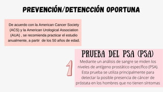 PREVENCIÓN/DETENCcIÓN OPORTUNA
De acuerdo con la American Cancer Society
(ACS) y la American Urological Association
(AUA) , se recomienda practicar el estudio
anualmente, a partir de los 50 años de edad.
Prueba del PSA (PSA)
Mediante un análisis de sangre se miden los
niveles de antígeno prostático específico (PSA).
Esta prueba se utiliza principalmente para
detectar la posible presencia de cáncer de
próstata en los hombres que no tienen síntomas
 