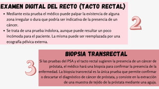 Mediante esta prueba el médico puede palpar la existencia de alguna
zona irregular o dura que podría ser indicativa de la presencia de un
cáncer.
Se trata de una prueba indolora, aunque puede resultar un poco
incómoda para el paciente. La misma puede ser reemplazada por una
ecografía pélvica externa.
Examen digital del recto (tacto rectal)
Biopsia transrectal
Si las pruebas del PSA y el tacto rectal sugieren la presencia de un cáncer de
próstata, el médico hará una biopsia para confirmar la presencia de la
enfermedad. La biopsia transrectal es la única prueba que permite confirmar
o descartar el diagnóstico de cáncer de próstata, y consiste en la extracción
de una muestra de tejido de la próstata mediante una aguja.
 