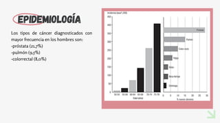 Epidemiología
Los tipos de cáncer diagnosticados con
mayor frecuencia en los hombres son:
-próstata (21,7%)
-pulmón (9,5%)
-colorrectal (8,0%)
 