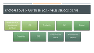 FACTORES QUE INFLUYEN EN LOS NIVELES SÉRICOS DE APE
Alteración de la
arquitectura
glandular.
HPB. Prostatitis. CaP. Biopsia.
Eyaculación EDR
Colocación de
sondas.
Traumatismo
perineal.
 