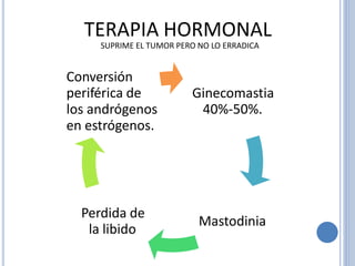 TERAPIA HORMONAL
SUPRIME EL TUMOR PERO NO LO ERRADICA
Conversión
periférica de
los andrógenos
en estrógenos.
Ginecomastia
40%-50%.
Perdida de
la libido
Mastodinia
 