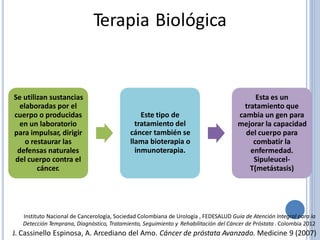 Terapia Biológica
Se utilizan sustancias
elaboradas por el
cuerpo o producidas
en un laboratorio
para impulsar, dirigir
o restaurar las
defensas naturales
del cuerpo contra el
cáncer.
Esta es un
tratamiento que
cambia un gen para
mejorar la capacidad
del cuerpo para
combatir la
enfermedad.
Sipuleucel-
T(metástasis)
Este tipo de
tratamiento del
cáncer también se
llama bioterapia o
inmunoterapia.
Instituto Nacional de Cancerología, Sociedad Colombiana de Urología , FEDESALUD Guía de Atención Integral para la
Detección Temprana, Diagnóstico, Tratamiento, Seguimiento y Rehabilitación del Cáncer de Próstata. Colombia 2012
J. Cassinello Espinosa, A. Arcediano del Amo. Cáncer de próstata Avanzado. Medicine 9 (2007)
 