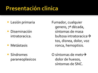 Lesión primaria Diseminación intratoracica. Metástasis Síndromes paraneoplasicos Fumador, cualquier genero, 7ª década, síntomas de masa bultosa intratoracica   tos, disnea, dolor, voz ronca, hemoptisis.  O síntomas de mets   dolor de huesos, síntomas de SNC. 