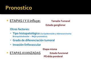 ETAPAS I Y II influye:   Tama ño Tumoral Estado ganglionar Otros factores: Tipo histopatol ógico  (Ca Epidermoide y Adenocarcinoma Bronquioloalveolar -> Mejor pronóstico) Grado de diferenciación tumoral Invasión linfovascular Etapa misma ETAPAS AVANZADAS   Estado funcional Pérdida ponderal 