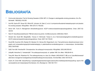 BIBLIOGRAFÍA
•   Community Intervention Trial for Smoking Cessation (COM- MIT): II. Changes in adultcigarette smoking prevalence. Am JPu-
    blicHealth. 1995;85(2):193-200.

•   Hurt RD, Sachs DP, Glover ED, Offord KP, Johnston JA, Dale LC, et al. A comparisonofsustained-releasebupropion and placebo
    for smoking cessation. NEnglJMed. 1997;337(17):1195-202.

•   Simon GR, Turrisi A. Management ofsmallcelllungcancer: ACCP evidence-basedclinicalpracticeguidelines. Chest. 2007;132:
    324-39.

•   Rami R. NuevaNuevaclasificación TNM del cáncer de pulmón. ArchBronconeumol. 2009;45(4):159-61.

•   Silvestri GA, Gould MK, MargollisML, Tanoue LT, McCroryD, Toloza E, et al. Noninvasivestagingofnon-smallcelllungcancer:
    ACCP evidenced-basedclinicalpracticeguidelines. Chest. 2007;132:178-201.

•   Gould MK, Kuschner WG, Rydzak CE, Maclean CC, Demas AN, ShigemitsuH, et al. Test performance ofpositronemission tomo-
    graphy and computedtomographyformediatinalstaging in patientswithnon-smallcelllungcancer: a meta-analysis. AnnInternMed.
    2003;139:879-89.

•   OstD, Fein AM, FeinsilverSH. Clinicalpractice: the solitarypul-monarynodule. NEnglJMed. 2003;348:2535-42.

•   LibbydM, Henschke Ci, YankelevitzdF. The solitarypulmonarynodu- le: uptdate 1995. Am JMed. 1995;99:491-6.

•   Tang AW, Moss HA, Robertson RJ. The solitarypulmonary no- dule. Eur JRadiol. 2003;45:69-77. MB, et al. Cost-effectivenessof
    alternative management strategiesforpa-tientswithsolitarypulmonarynodules. AnninternMed. 2003;138:724-35.

•   Austin JH, Cohen MB. Valueofhaving a cytopathologistpresentduringpercutaneousfine-needleaspirationbiopsyoflung: report of 55
    cancerpatients and metaanalysisof the literature. Am JRoentge-nol. 1993;160:175-7.
 