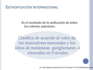 Clasifica de acuerdo al valor de
los marcadores tumorales y los
sitios de metástasis ganglionares o
viscerales en 3 niveles.
ESTADIFICACIÓN INTERNACIONAL
Es el resultado de la unificación de todos
los criterios anteriores.
Dr. Jaime Alejandro Saavedra Abril, Ca Testicular 1:47-59 2009 Revista mexica
 
