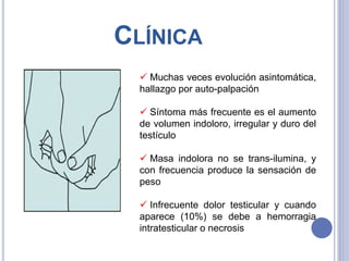 CLÍNICA
 Muchas veces evolución asintomática,
hallazgo por auto-palpación
 Síntoma más frecuente es el aumento
de volumen indoloro, irregular y duro del
testículo
 Masa indolora no se trans-ilumina, y
con frecuencia produce la sensación de
peso
 Infrecuente dolor testicular y cuando
aparece (10%) se debe a hemorragia
intratesticular o necrosis
 