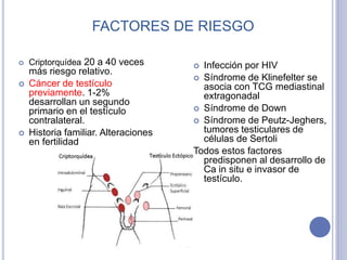 FACTORES DE RIESGO
 Criptorquídea 20 a 40 veces
más riesgo relativo.
 Cáncer de testículo
previamente. 1-2%
desarrollan un segundo
primario en el testículo
contralateral.
 Historia familiar. Alteraciones
en fertilidad
 Infección por HIV
 Síndrome de Klinefelter se
asocia con TCG mediastinal
extragonadal
 Síndrome de Down
 Síndrome de Peutz-Jeghers,
tumores testiculares de
células de Sertoli
Todos estos factores
predisponen al desarrollo de
Ca in situ e invasor de
testículo.
 