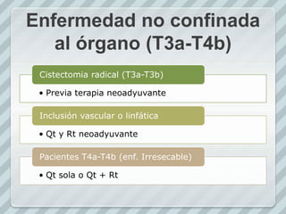 Enfermedad no confinada
al órgano (T3a-T4b)
• Previa terapia neoadyuvante
Cistectomia radical (T3a-T3b)
• Qt y Rt neoadyuvante
Inclusión vascular o linfática
• Qt sola o Qt + Rt
Pacientes T4a-T4b (enf. Irresecable)
 