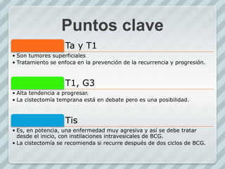 Puntos clave
Ta y T1
• Son tumores superficiales
• Tratamiento se enfoca en la prevención de la recurrencia y progresión.
T1, G3
• Alta tendencia a progresar.
• La cistectomía temprana está en debate pero es una posibilidad.
Tis
• Es, en potencia, una enfermedad muy agresiva y así se debe tratar
desde el inicio, con instilaciones intravesicales de BCG.
• La cistectomía se recomienda si recurre después de dos ciclos de BCG.
 