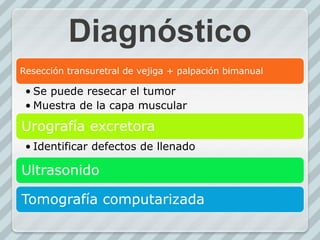 Diagnóstico
Resección transuretral de vejiga + palpación bimanual
• Se puede resecar el tumor
• Muestra de la capa muscular
Urografía excretora
• Identificar defectos de llenado
Ultrasonido
Tomografía computarizada
 