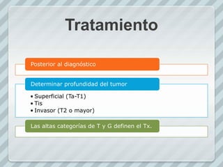 Tratamiento
Posterior al diagnóstico
• Superficial (Ta-T1)
• Tis
• Invasor (T2 o mayor)
Determinar profundidad del tumor
Las altas categorías de T y G definen el Tx.
 