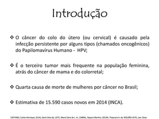 Introdução 
 O câncer do colo do útero (ou cervical) é causado pela 
infecção persistente por alguns tipos (chamados oncogênicos) 
do Papilomavírus Humano - HPV; 
 É o terceiro tumor mais frequente na população feminina, 
atrás do câncer de mama e do colorretal; 
 Quarta causa de morte de mulheres por câncer no Brasil; 
 Estimativa de 15.590 casos novos em 2014 (INCA). 
CAETANO, Carlos Henrique; SILVA, Dario Silva da; LEITE, Maria Clara de L. A.; CABRAL, Nayara Martins; SOUZA, Thaynara A. de; ROLDÃO-LEITE, Isac César. 
 