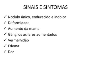 SINAIS E SINTOMAS
 Nódulo único, endurecido e indolor
 Deformidade
 Aumento da mama
 Gânglios axilares aumentados
 Vermelhidão
 Edema
 Dor
 