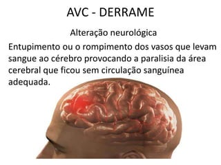 AVC - DERRAME
Alteração neurológica
Entupimento ou o rompimento dos vasos que levam
sangue ao cérebro provocando a paralisia da área
cerebral que ficou sem circulação sanguínea
adequada.
 