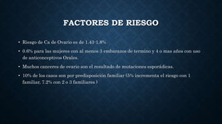 FACTORES DE RIESGO
• Riesgo de Ca de Ovario es de 1.43-1.8%
• 0.6% para las mujeres con al menos 3 embarazos de termino y ...