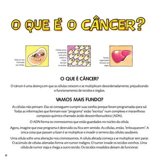 O QUE É CÂNCER?
O câncer é uma doença em que as células crescem e se multiplicam desordenadamente, prejudicando
o funcionamento de tecidos e órgãos.
VAMOS MAIS FUNDO?
As células não pensam. Elas só conseguem cumprir suas tarefas porque foram programadas para tal.
Todas as informações que formam esse “programa” estão “escritas” num complexo e maravilhoso
composto químico chamado ácido desoxirribonucleico (ADN).
O ADN forma os cromossomos que estão guardados no núcleo da célula.
Agora, imagine que esse programa é destruído ou fica sem sentido. As células, então, “enlouquecem”. A
única coisa que passam a fazer é se multiplicar e invadir o terreno das células saudáveis.
Uma célula sofre uma alteração nos cromossomos. A célula afetada começa a se multiplicar sem parar.
O acúmulo de células alteradas forma um tumor maligno. O tumor invade os tecidos vizinhos. Uma
célula de tumor viaja e chega a outro tecido. Os tecidos invadidos deixam de funcionar.
Todo ser vivo
é formado
por células.
Células juntas
cumprindo
uma certa
tarefa no
corpo,
formam
os tecidos.
Tecidos
organizados
formam um
órgão.
10
 