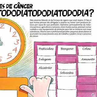 Não estamos falando só da fumaça de cigarro que você respira. O fato é
que muitas pessoas são obrigadas a respirar ou mexer com produtos tó-
xicos por causa de suas profissões. Operários (principalmente da indús-
tria química), agricultores e pintores, entre muitos outros, precisam tomar
cuidado e usar equipamento de proteção para não se intoxicar com essas
substâncias. Mesmo sem o profissional perceber, pequenas doses diárias se
acumulam no corpo durante anos de trabalho e podem iniciar o processo
do câncer.
Pesticidas Benzeno Colas
AmiantoFuligem
Alcatrão
Solventes
35
 