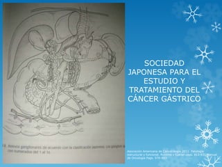 SOCIEDAD
JAPONESA PARA EL
ESTUDIO Y
TRATAMIENTO DEL
CÁNCER GÁSTRICO
Asociación Americana de Cancerología.2011. Patología
estructural y funcional. Robbins y Cotran págs. 813-831.Manual
de Oncología Pags. 579-593.
 