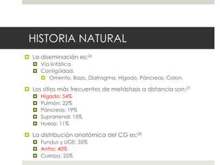 HISTORIA NATURAL
 La diseminación es:26
 Vía linfática.
 Contigüidad.
 Omento, Bazo, Diafragma, Hígado, Páncreas, Colon.
 Los sitios más frecuentes de metástasis a distancia son:27
 Hígado: 54%
 Pulmón: 22%
 Páncreas: 19%
 Suprarrenal: 15%
 Hueso: 11%
 La distribución anatómica del CG es:28
 Fundus y UGE: 35%
 Antro: 40%
 Cuerpo: 25%
 